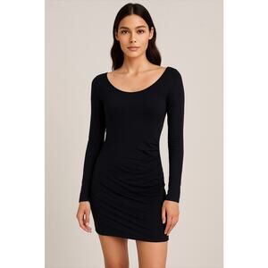 Club Monaco Sexy Jet Black Bodycon Long Sleeve Boat Neck Side Ruche Mini00